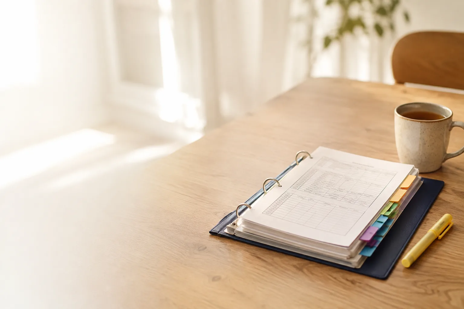 An organized IEP binder open on a wooden table by a bright window, with color-tabbed dividers, a printed goals-and-progress page, a highlighter and a mug of tea