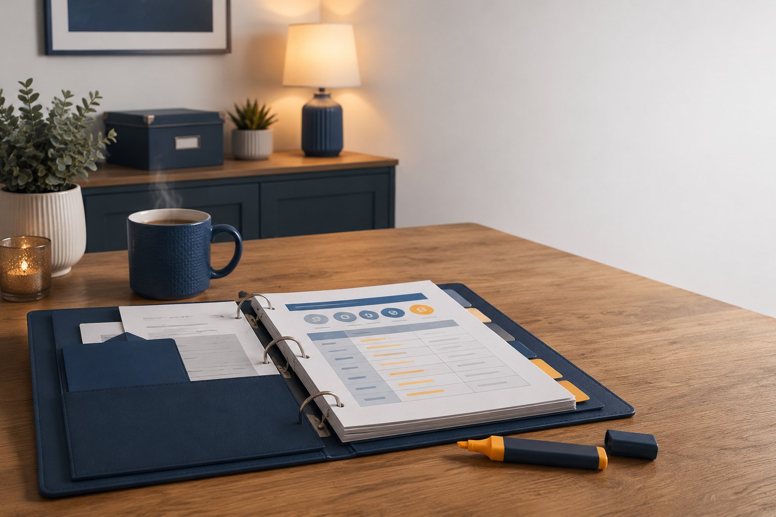 An organized IEP binder open on a warm kitchen table in the evening, with color-tabbed dividers, a printed goals-and-progress page, a highlighter and a mug of tea under a soft lamp