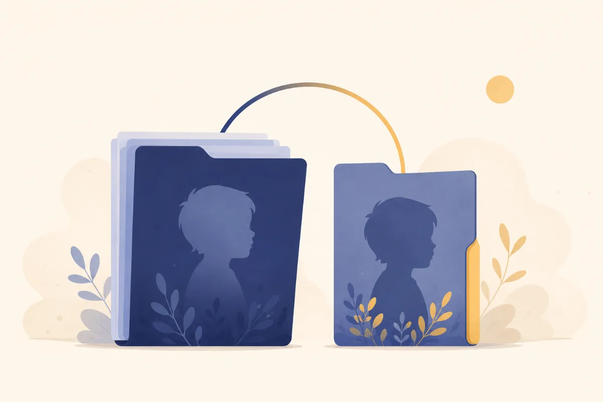 An illustration of two plan folders side by side, each holding the profile of a child, joined by an arc between them