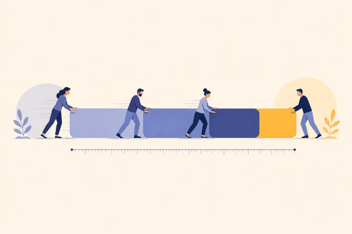 An illustration of four people pushing four blocks into place along a measuring scale, one part of a goal at a time