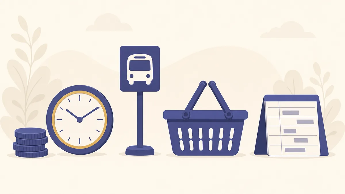An illustration of a small stack of coins beside a clock face, a bus stop post, a shopping basket and a folded day schedule card spaced evenly in a row, a gold ring around the clock
