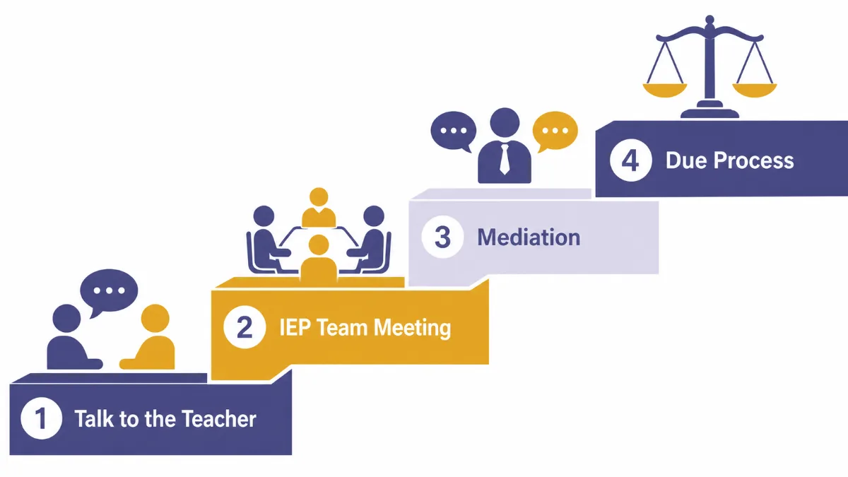 An infographic of four rising steps labeled talk to the teacher, IEP team meeting, mediation and due process, each with a small icon
