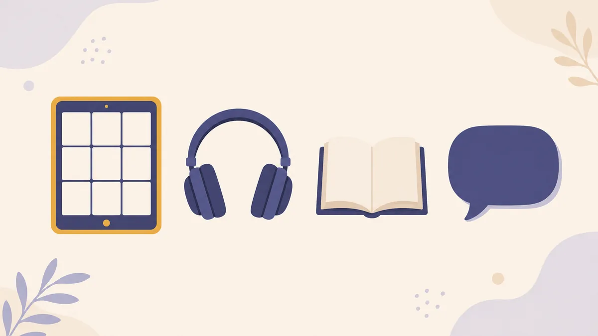 An illustration of a tablet showing a blank three by three grid of picture cells, a pair of headphones, an open book and a speech bubble spaced evenly in a row, the tablet framed in gold