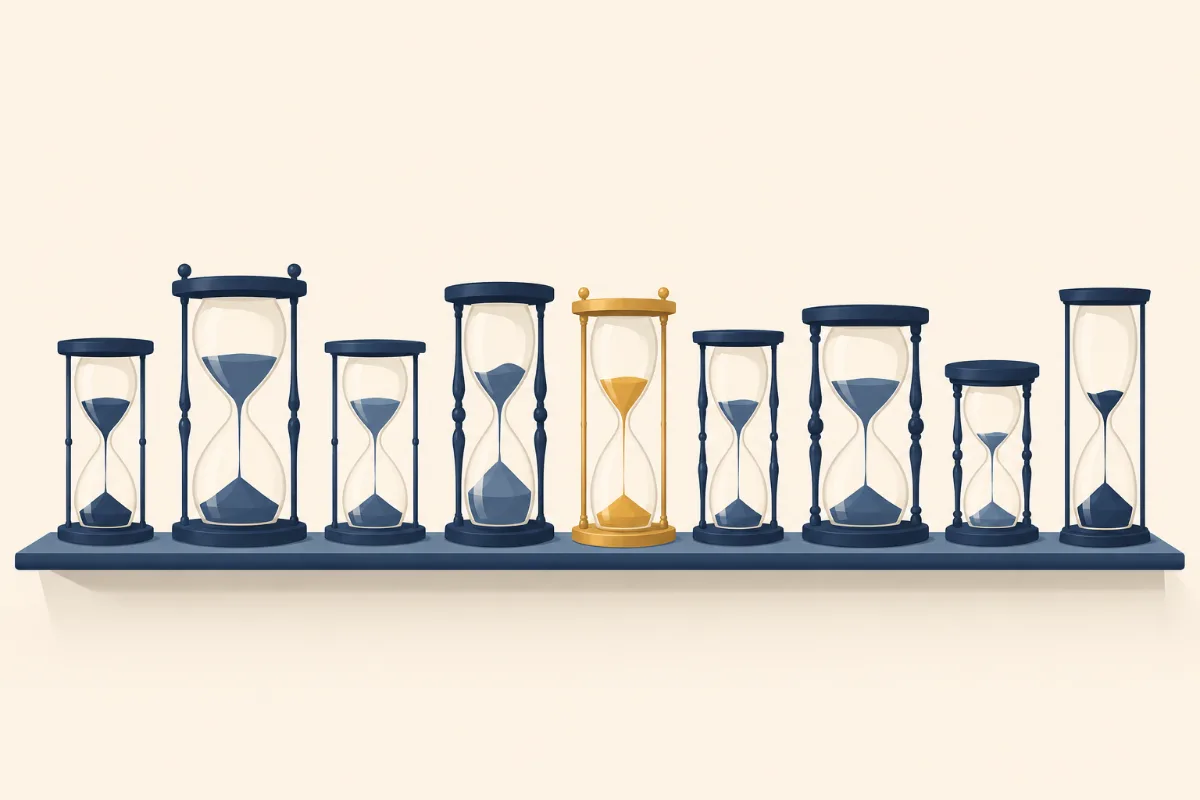 An illustration of a shelf holding a row of nine hourglasses of gently varying sizes with one hourglass gold, a metaphor for evaluation timelines differing by state