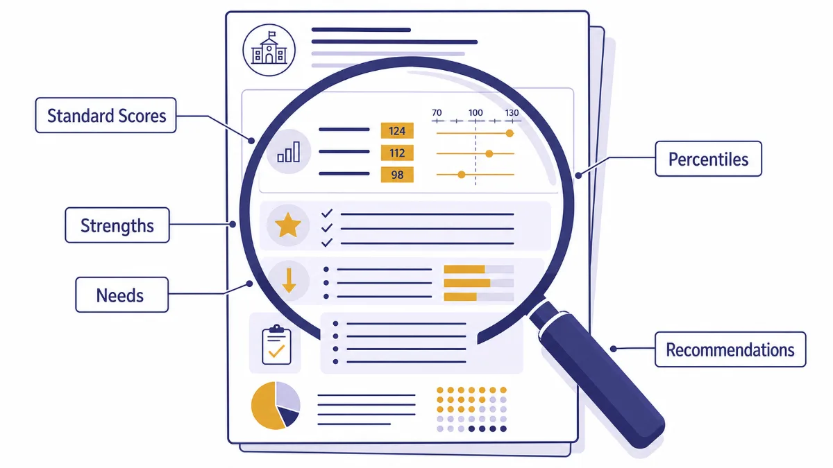 An infographic of an evaluation report under a magnifying glass with callout labels for standard scores, percentiles, strengths, needs and recommendations