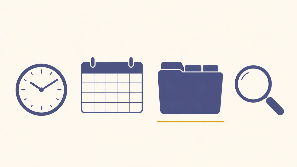 An illustration of a clock, a blank monthly calendar grid, a folder with three tabs and a magnifying glass spaced evenly in a row, with a gold line beneath the folder