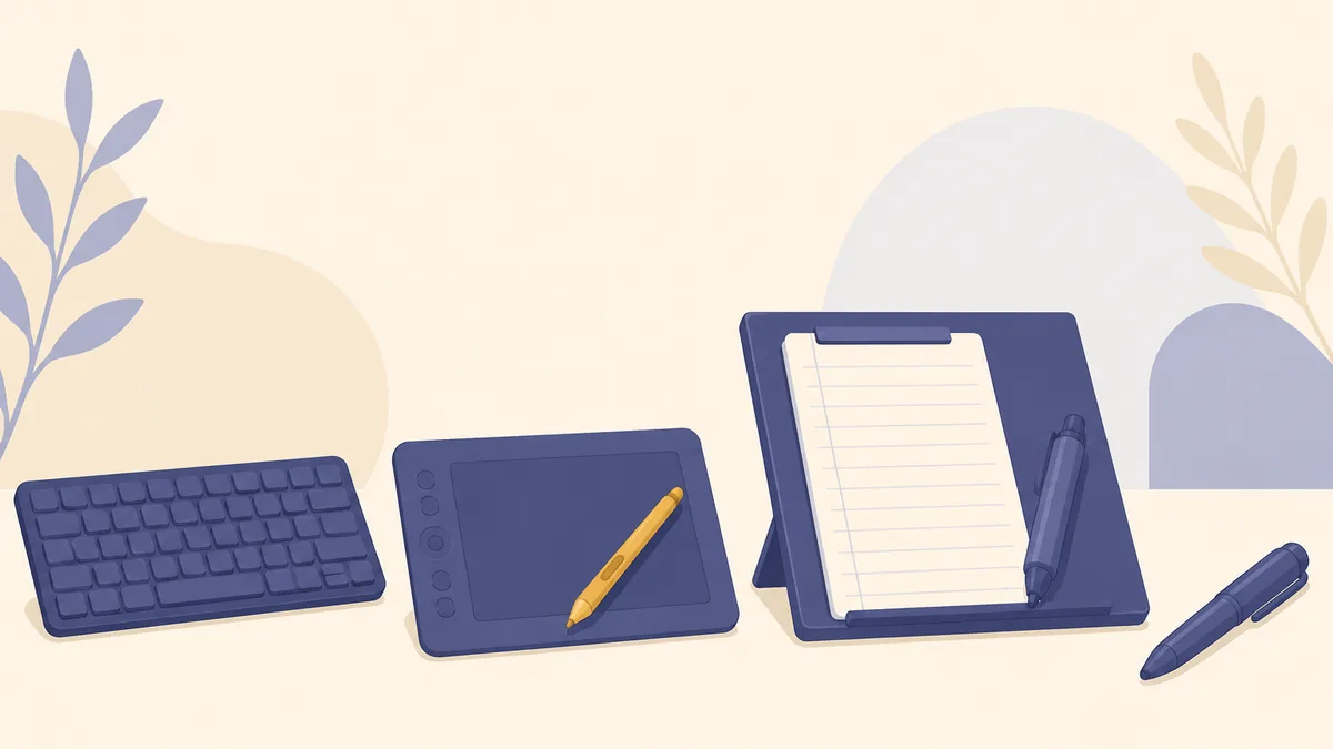 An illustration of a keyboard, a tablet with a gold stylus resting on it, a sloped writing board holding a ruled sheet and a marker spaced evenly in a row