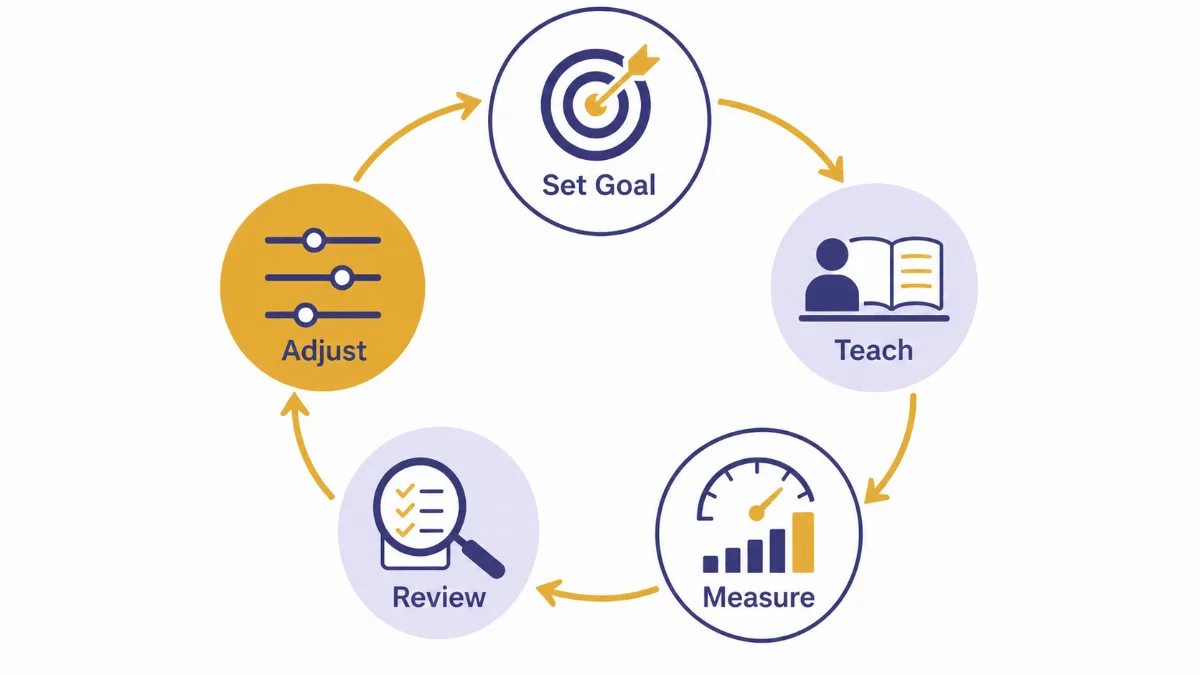 An infographic of five circles joined by curved arrows in a loop labeled set goal, teach, measure, review and adjust