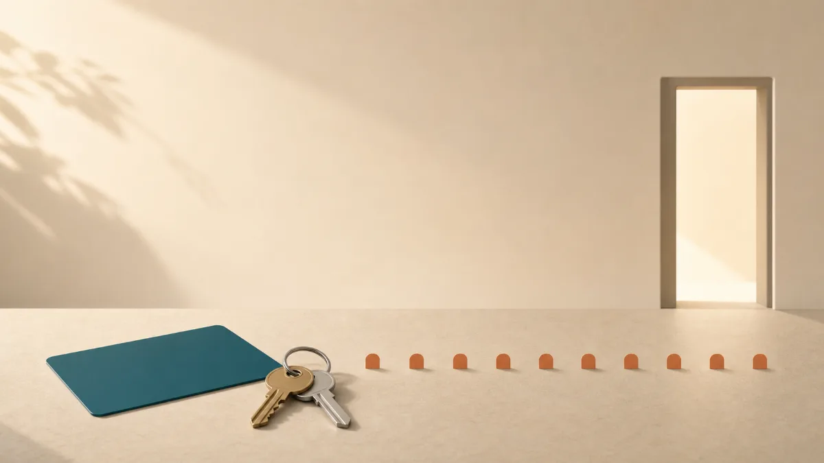 A flat illustration of thirteen simple keys fanned in an arc with one gold key resting in an open school door shape