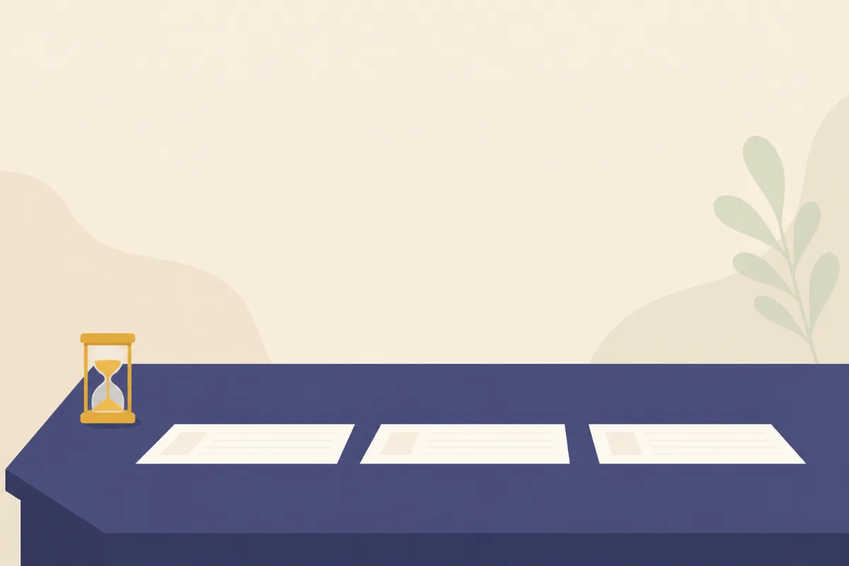 A flat illustration of an indigo desk holding a worksheet split into three short segments with a small gold hourglass timer at its edge