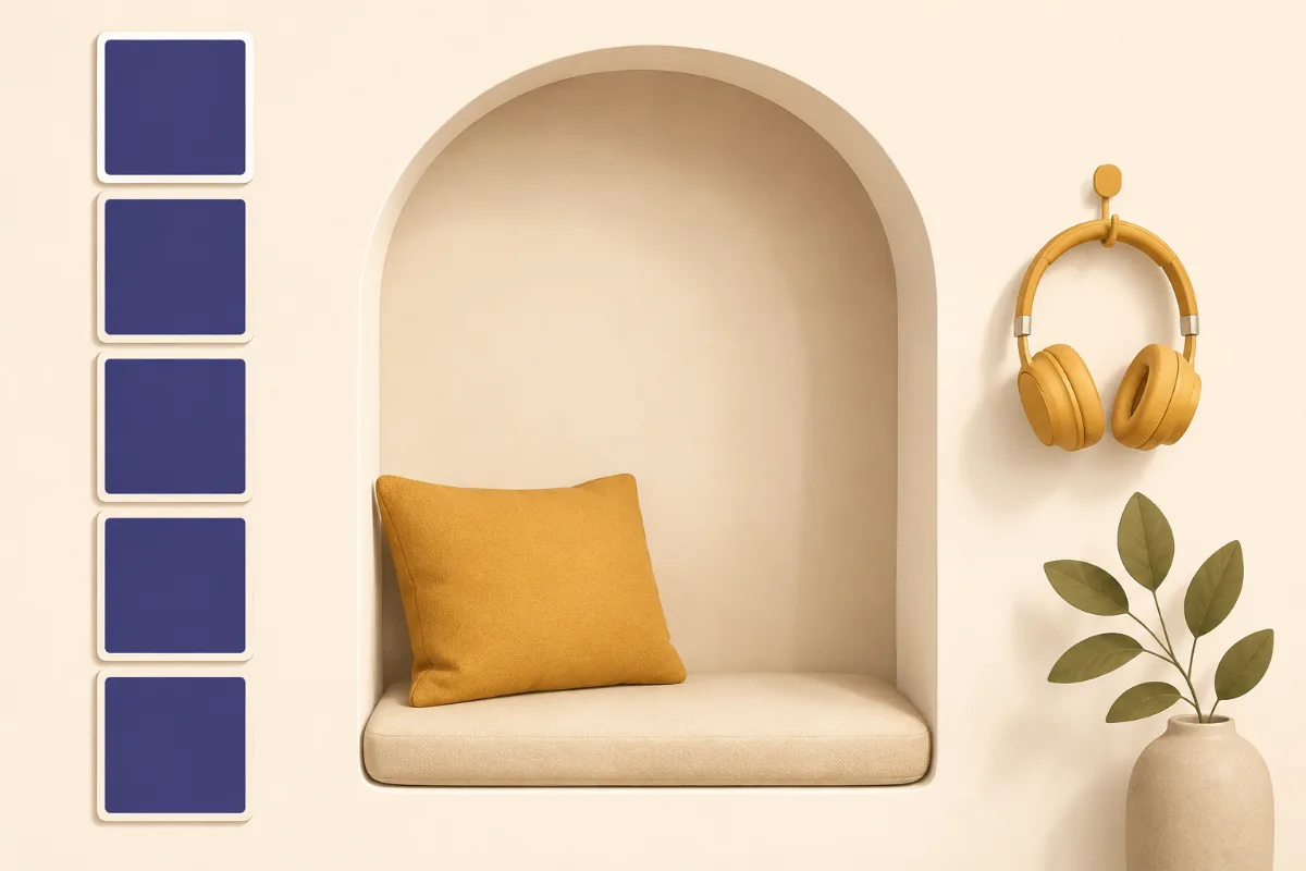 An illustration of a calm reading alcove with a cushion, a vertical strip of five blank picture schedule squares and headphones on a wall hook