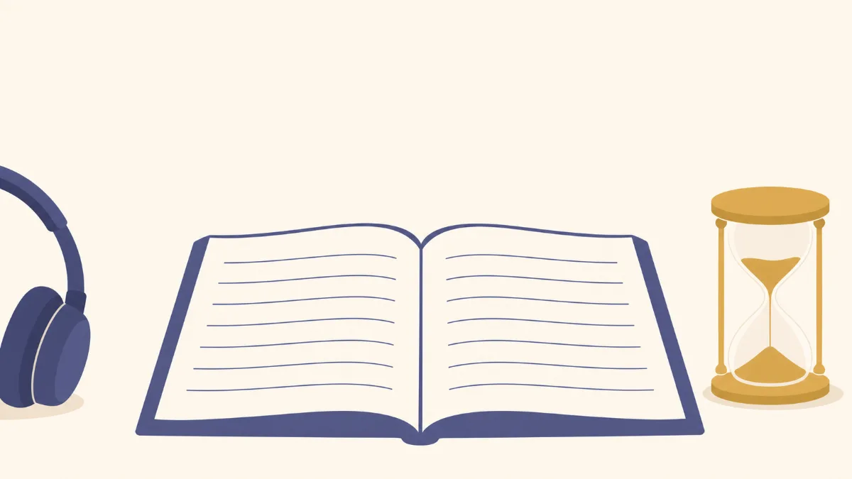 A flat illustration of an open page with widely spaced ruled lines, a small gold hourglass beside it and a headphone shape at the left edge