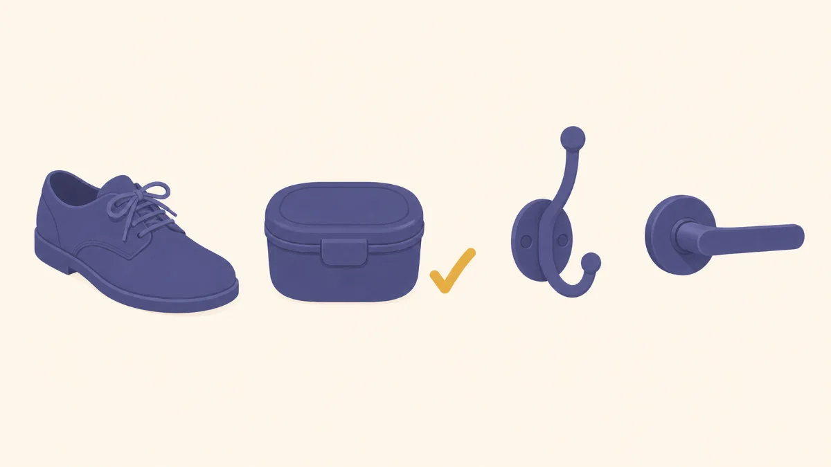 A flat illustration of four everyday shapes, a laced shoe, a lunch container, a coat hook and a door handle, with a gold checkmark beside the second