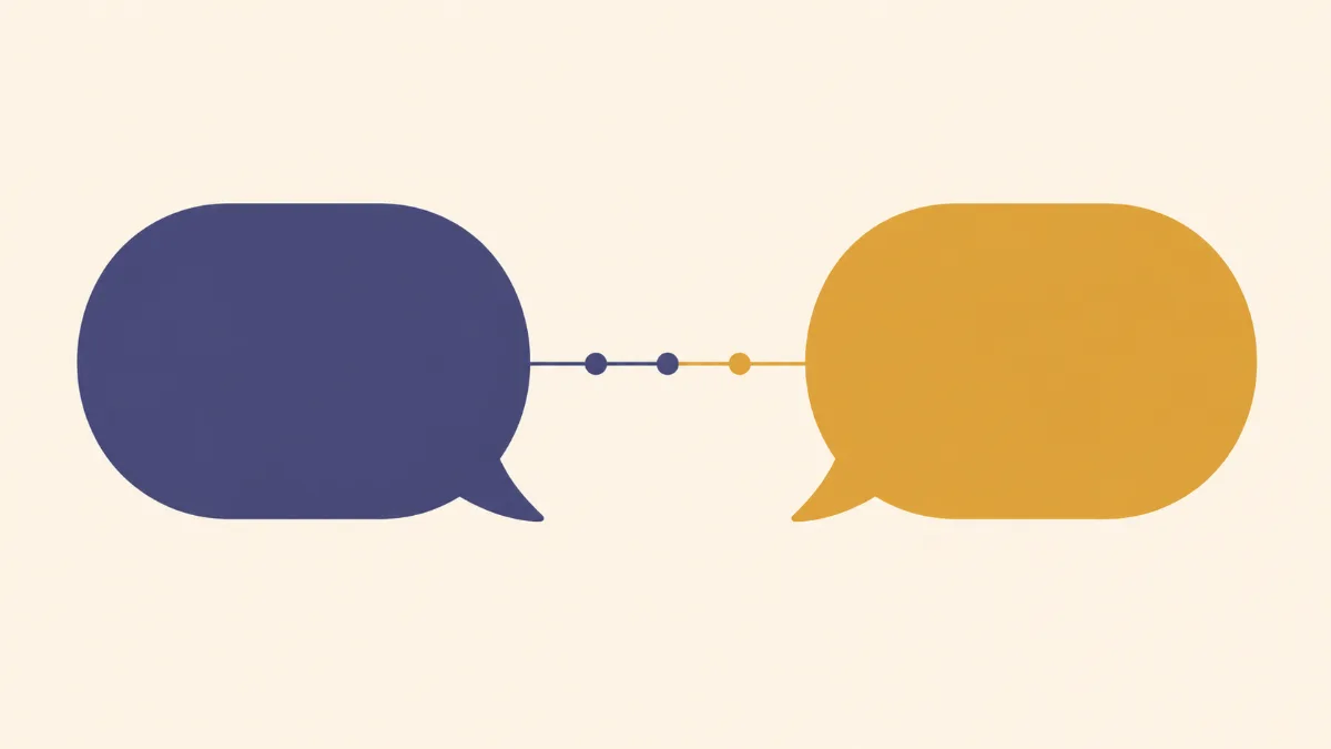 A flat illustration of two speech bubbles facing each other, joined by a slim line with three small dots along it