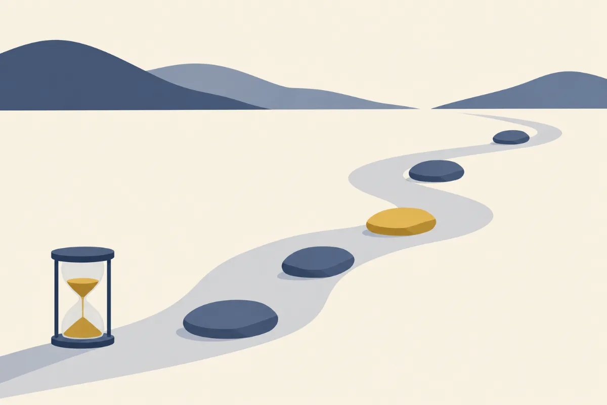 An illustration of a winding path of stepping stones across a calm field with the middle stone gold and a small hourglass at the start