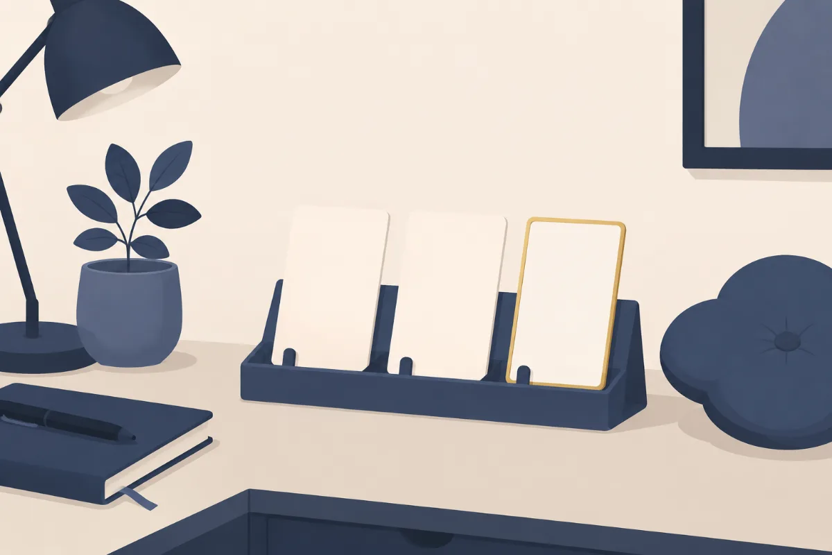 An illustration of a tidy desk corner with a stand holding three plain routine cards, one edged in gold, beside a soft cushion