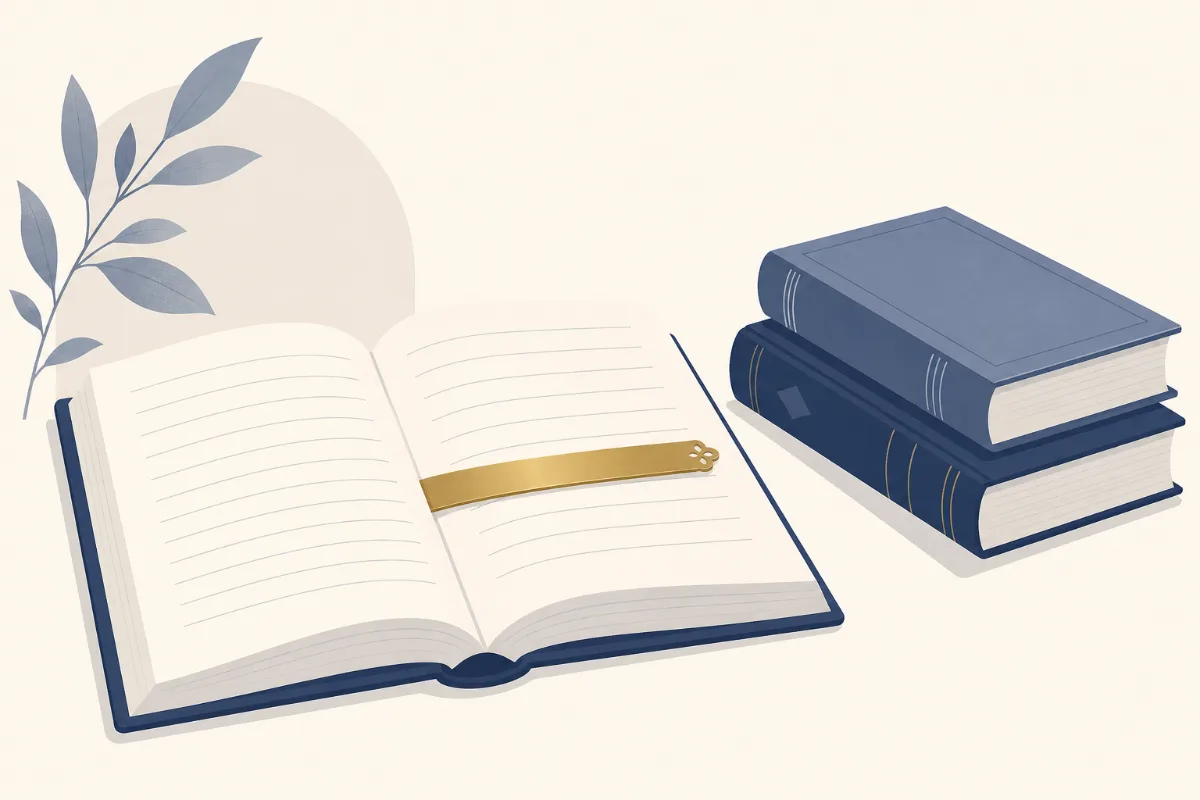 An illustration of an open reading book with a gold ruler across one line and a small stack of two books beside it