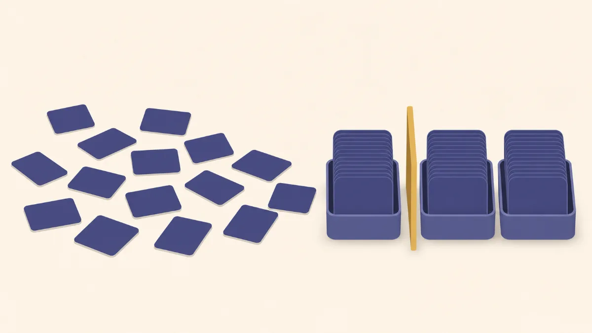 A flat illustration of scattered task cards resolving into three neatly stacked trays with a gold divider standing between the stacks
