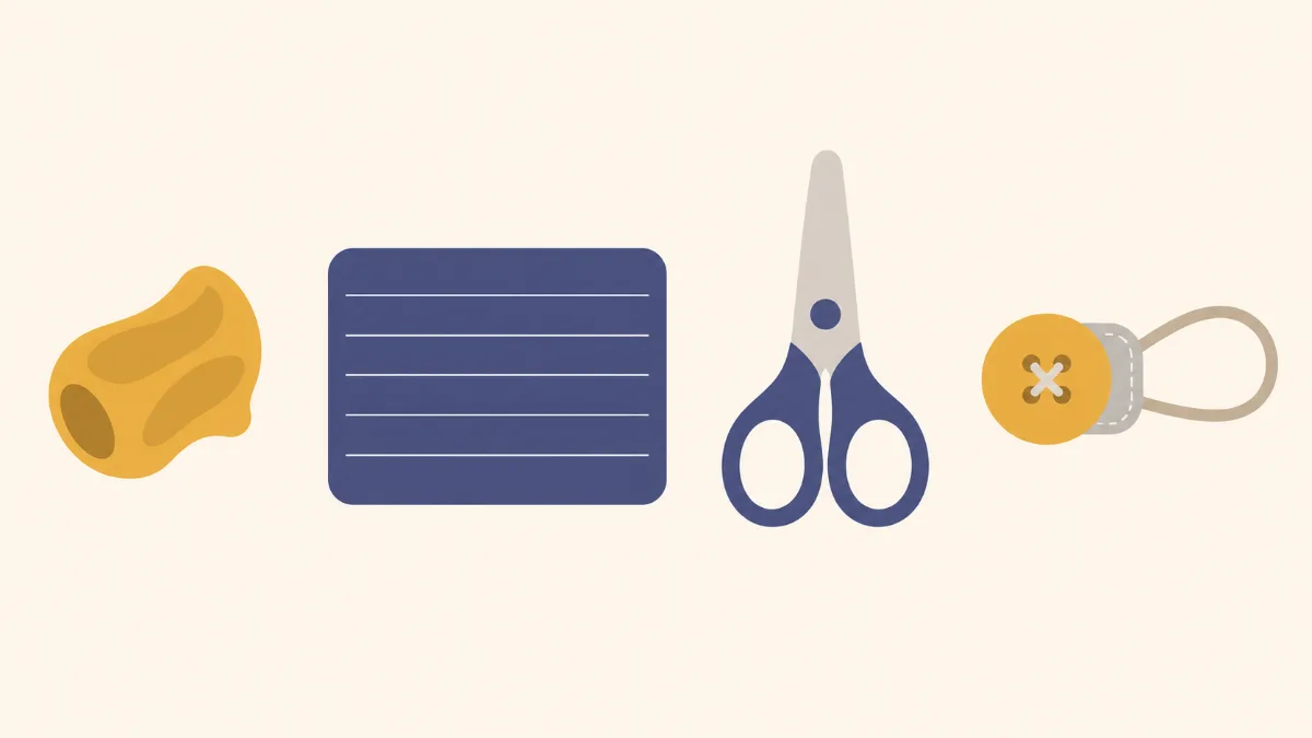 A flat illustration of a pencil grip beside a ruled practice card, with scissors and a button shape spaced evenly to the right