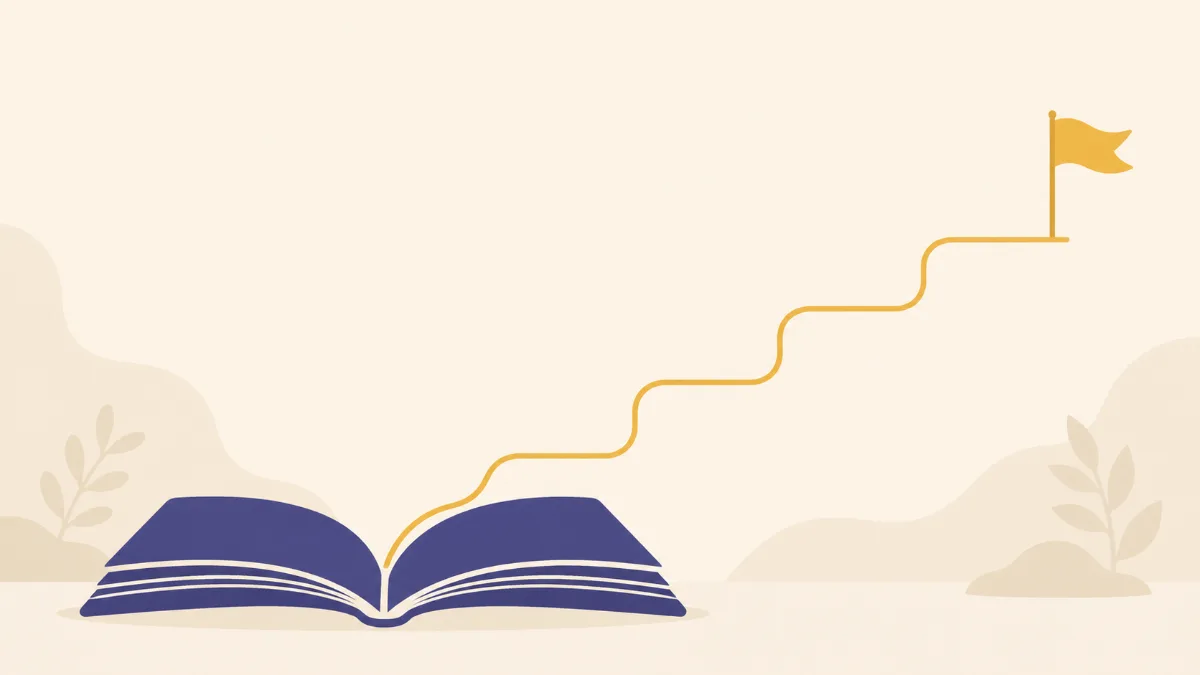 A flat illustration of an open book with a gold line rising step by step from its pages to a small flag