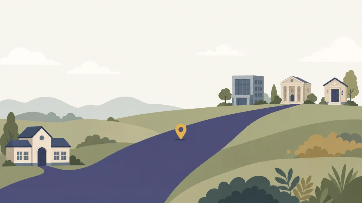 A flat illustration of a path rising from a small school building toward a workplace, a campus and a front door on the horizon, with a gold marker at the halfway point
