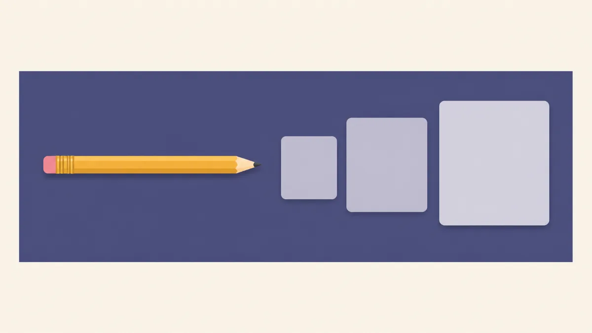 A flat illustration of a gold pencil lying across a page beside three paragraph blocks that build in size