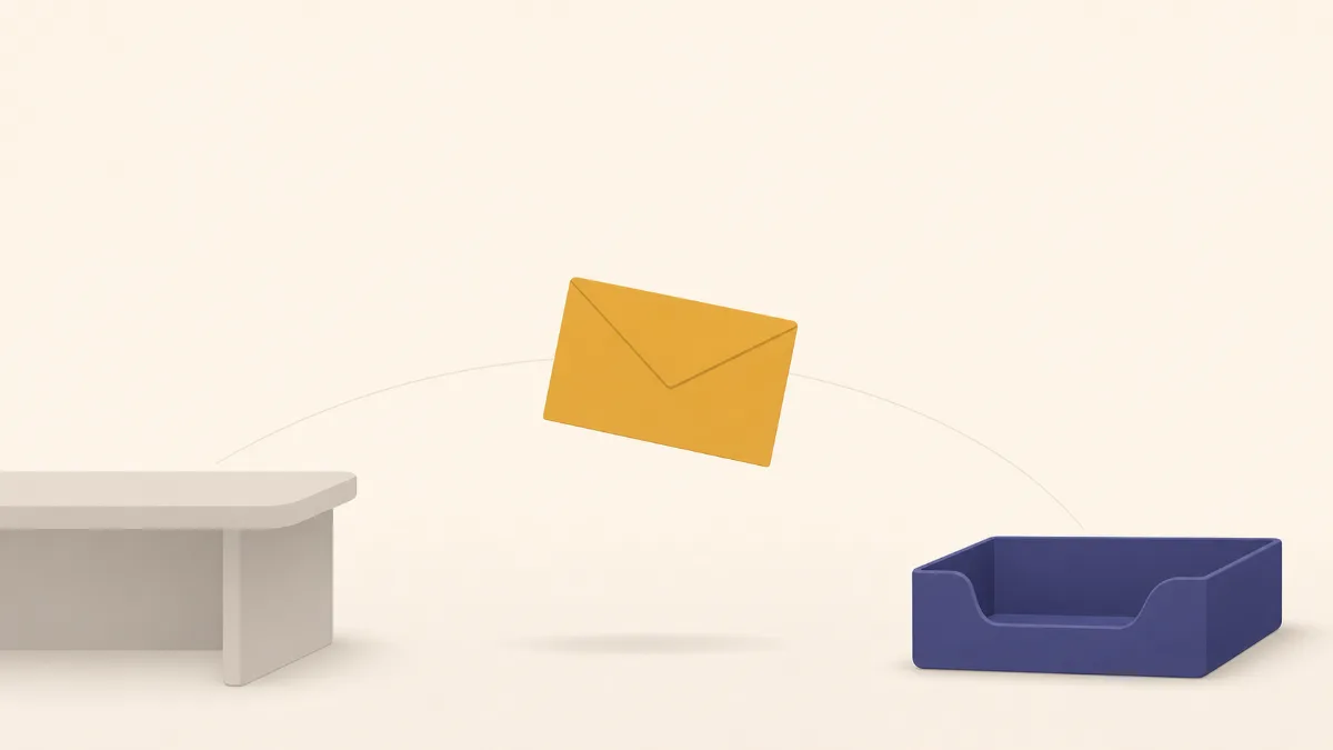 A flat illustration of a gold letter arcing from a home desk toward a school intake tray