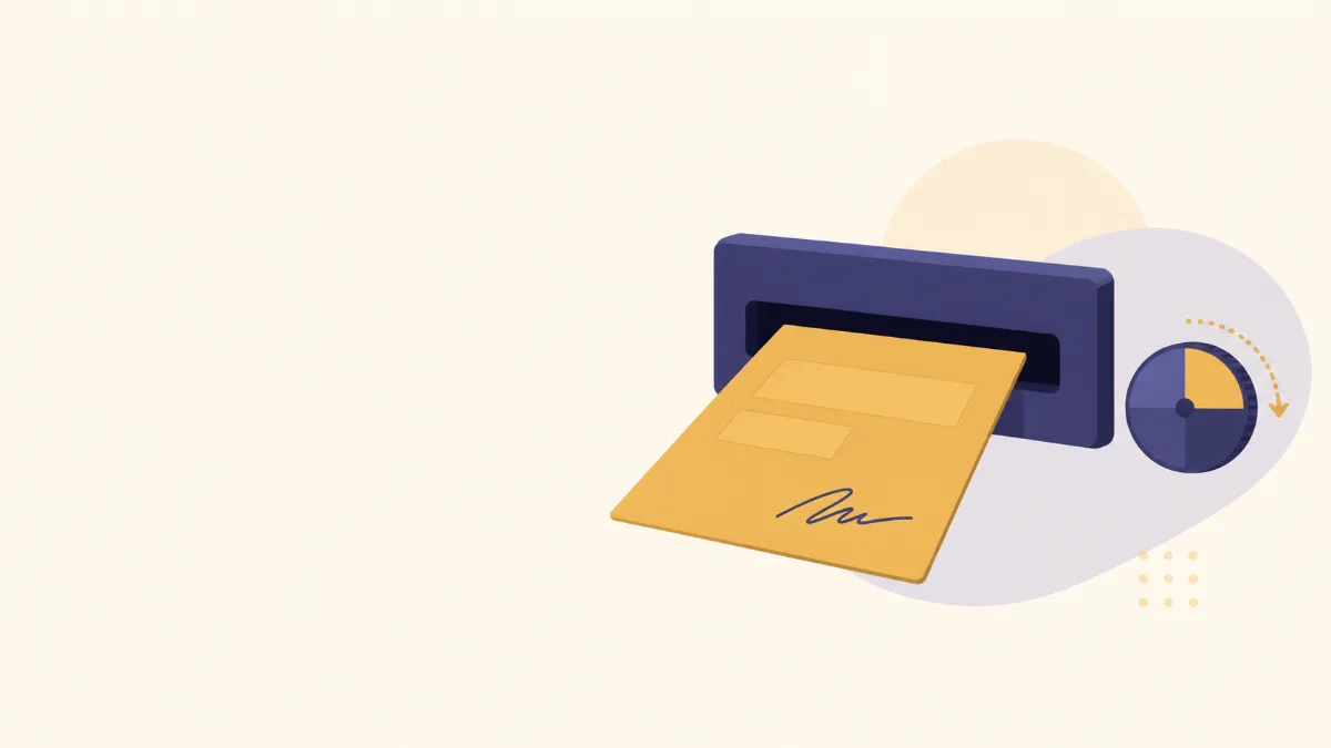 A flat illustration of a request form sliding into an intake slot while a small dial beside it turns a quarter step