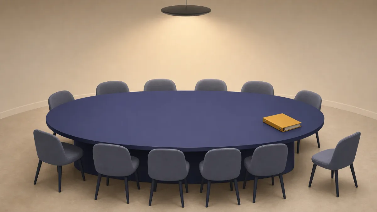 A flat illustration of an oval meeting table ringed by chairs, one chair pulled out with a gold binder set at that place