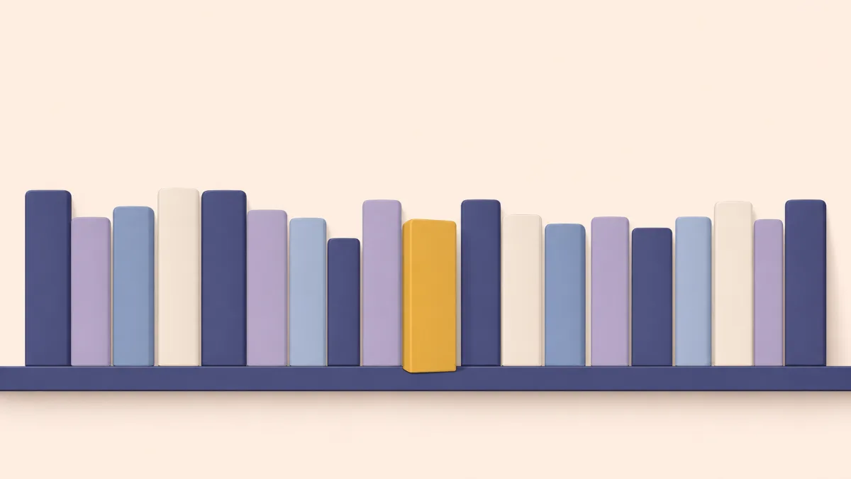 An illustration of a long shelf of upright guide volumes in soft blues and lavender with one gold volume pulled forward