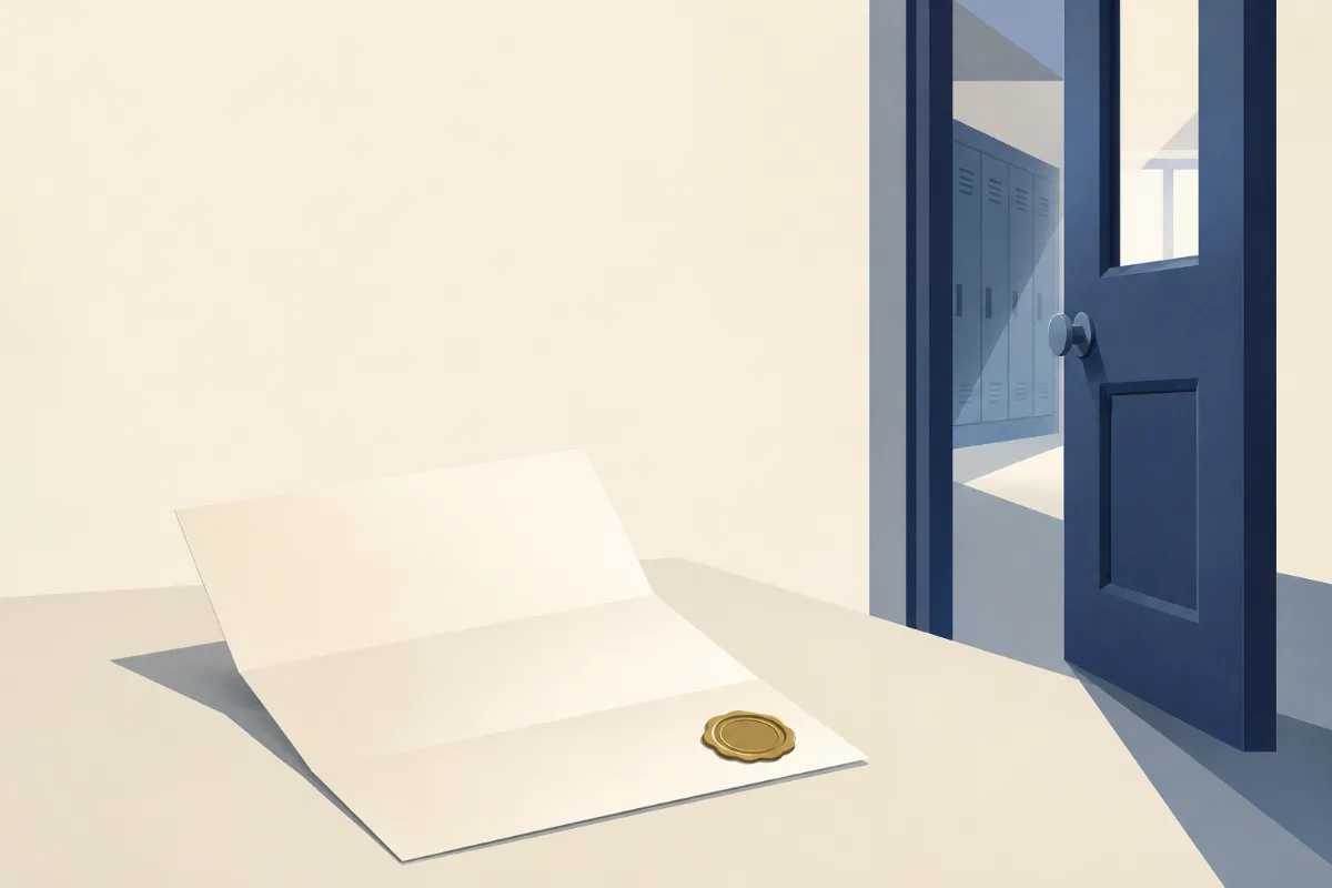 An illustration of a single folded request letter on a desk with a gold seal at its corner and an open school door beyond it