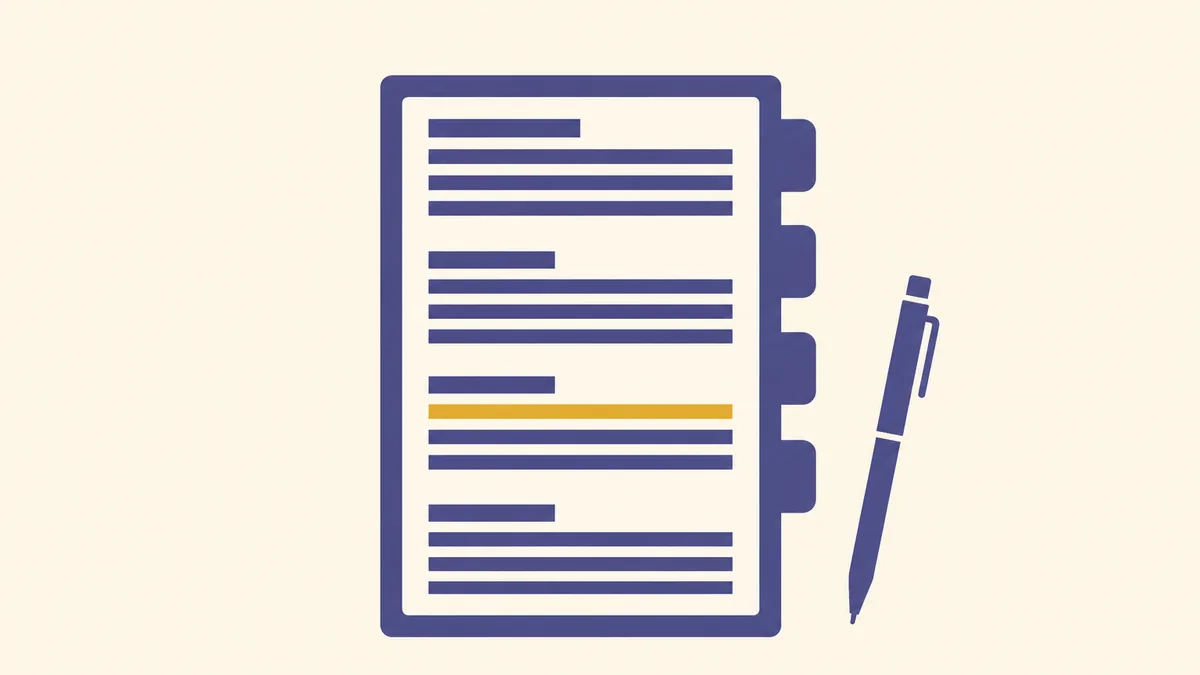 A flat illustration of a document sheet ruled into four sections with tabs down its edge, one row inside it marked in gold and a pen resting beside it