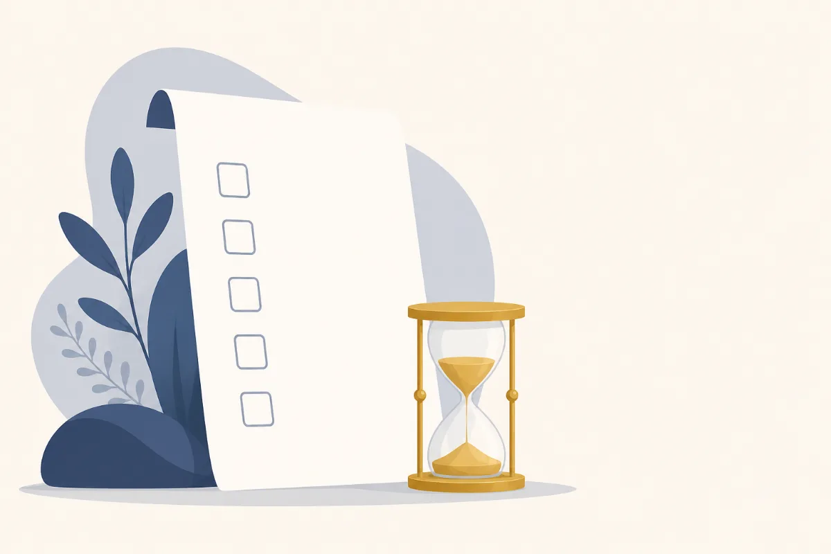 An illustration of a checklist sheet with empty boxes down its edge and a gold hourglass resting beside it