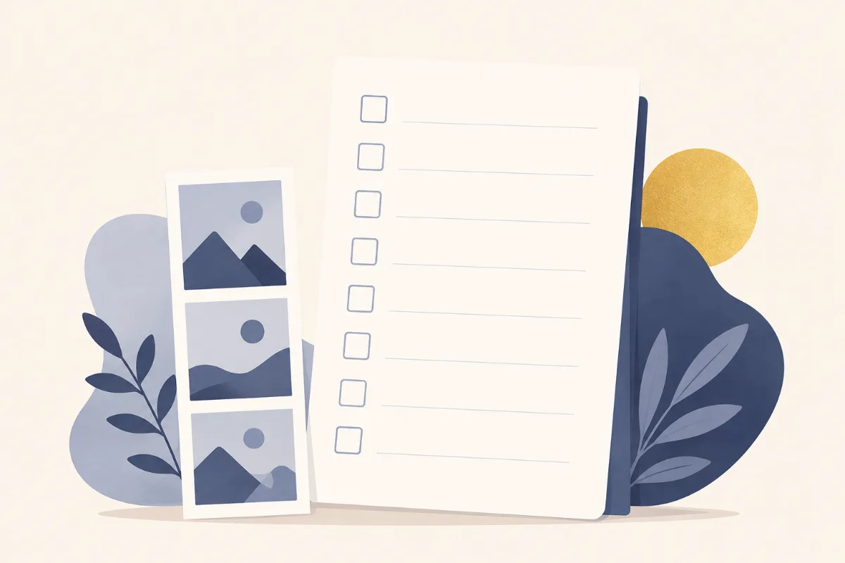 An illustration of a checklist sheet beside a short vertical strip of three plain picture cards