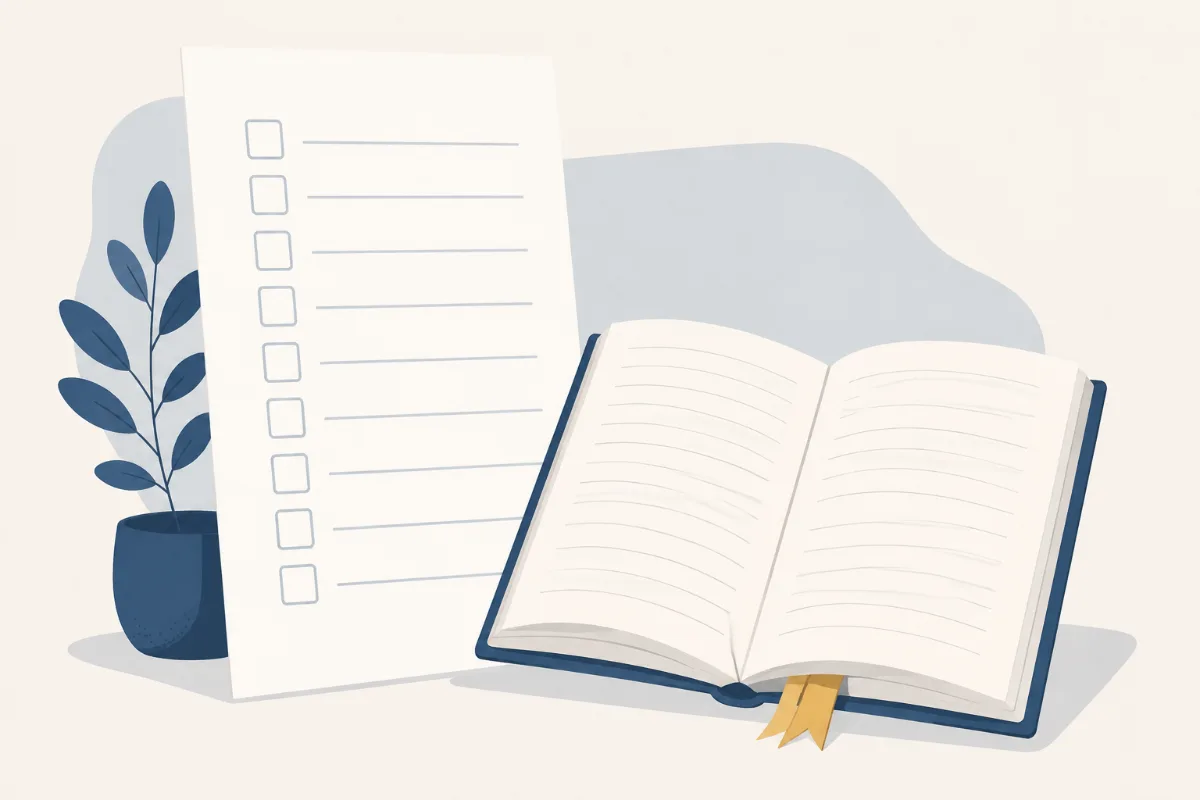 An illustration of a checklist sheet beside an open book with widely spaced lines and a gold bookmark