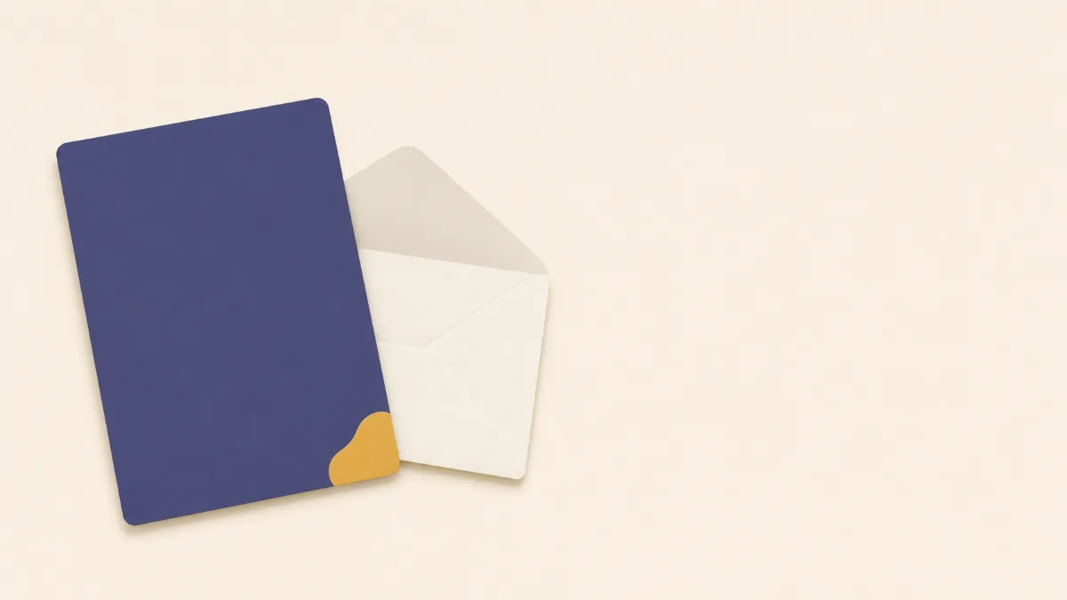 A flat illustration of a blank letter sheet beside an open envelope, a gold date stamp resting at the sheet's corner
