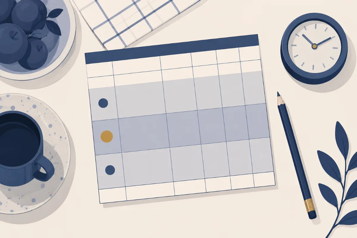 An illustration of a ruled log sheet on a kitchen table with a pencil and a small clock, one row marked with a gold dot