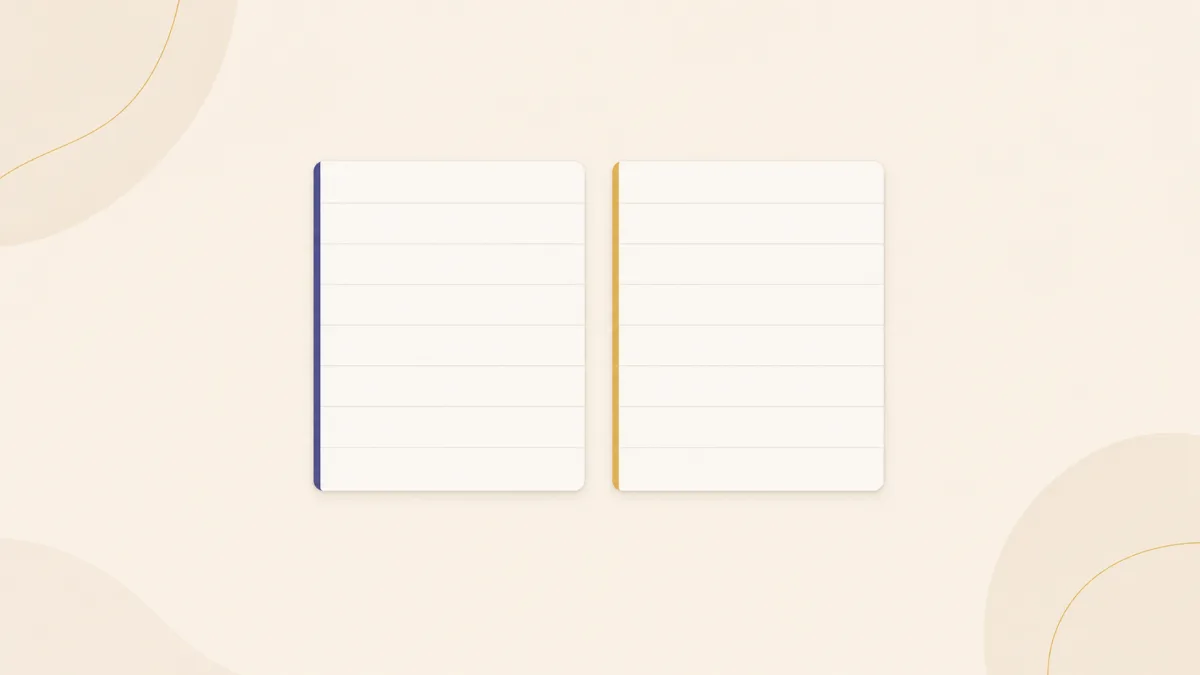 A flat illustration of two reference cards side by side, one edged in indigo and one edged in gold, their blank rows lining up across both cards