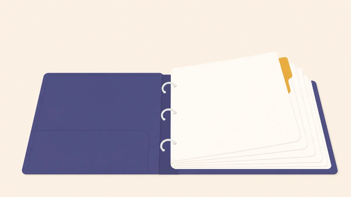 A flat illustration of an open ring binder with a fan of blank sheets rising from it and one gold tab divider standing above the rest