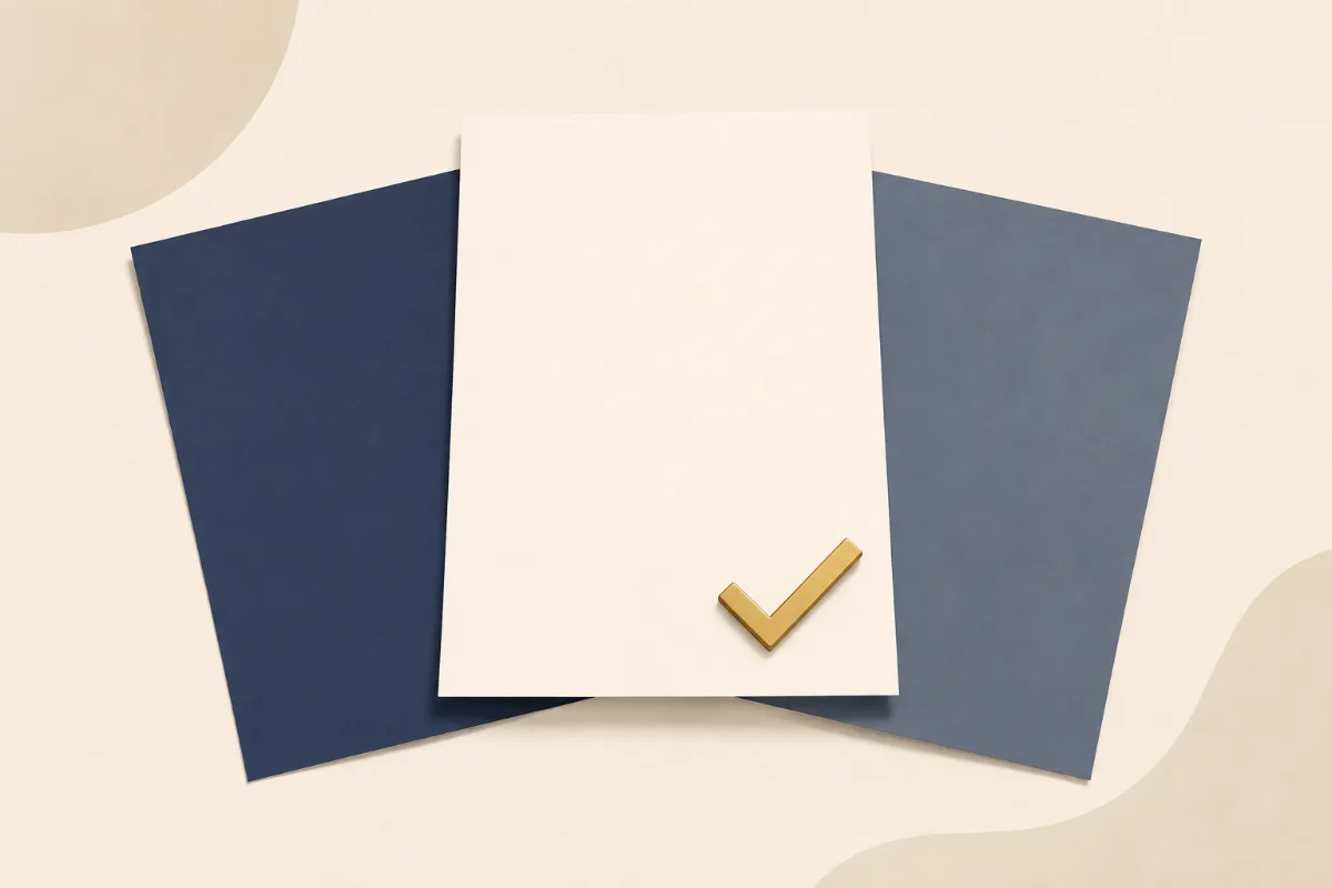 An illustration of three plain letter sheets fanned side by side with a small gold check resting on the middle sheet