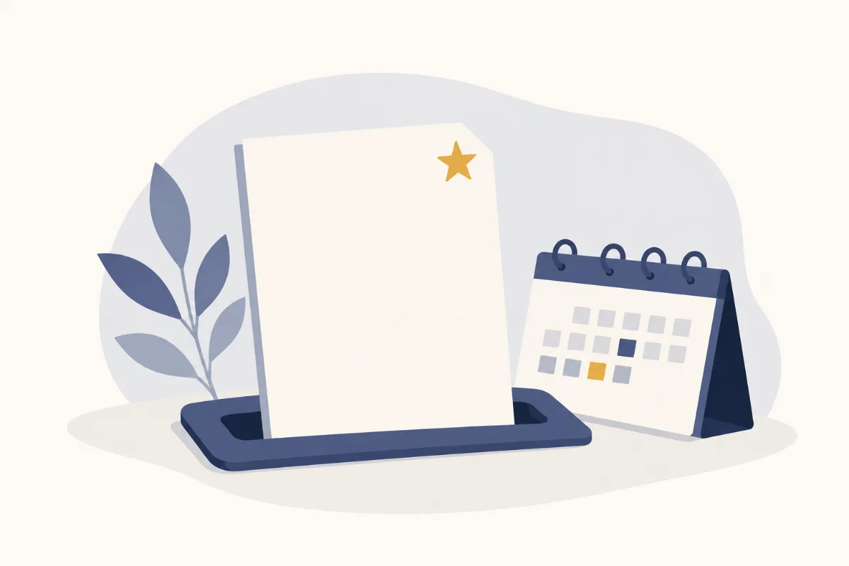 An illustration of a single letter standing upright in a tray with a small gold star at its corner and a desk calendar beside it