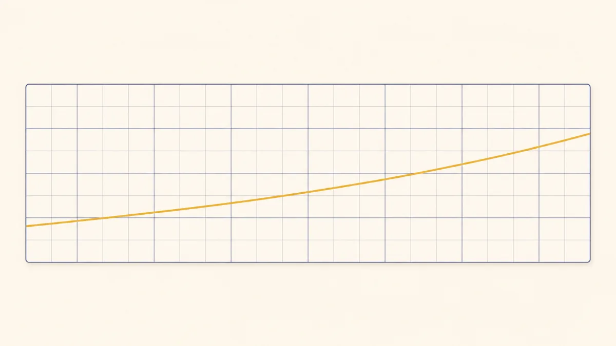 A flat illustration of a ruled grid sheet with a soft gold progress line rising gently across its rows