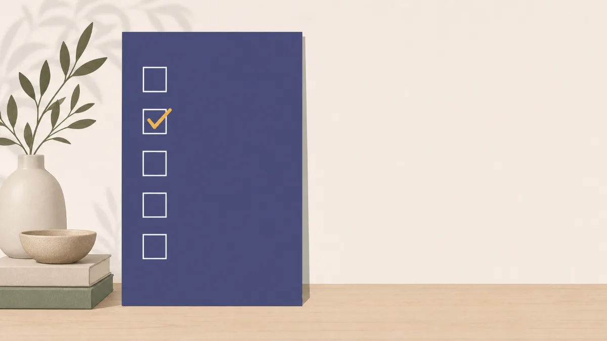 A flat illustration of a tall checklist sheet with five empty boxes down its edge and a soft gold tick in the second box