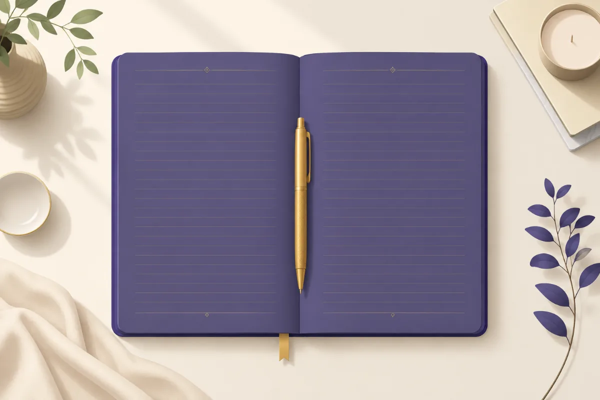 An illustration of an open notebook with two ruled pages and a gold pen resting in the center gutter
