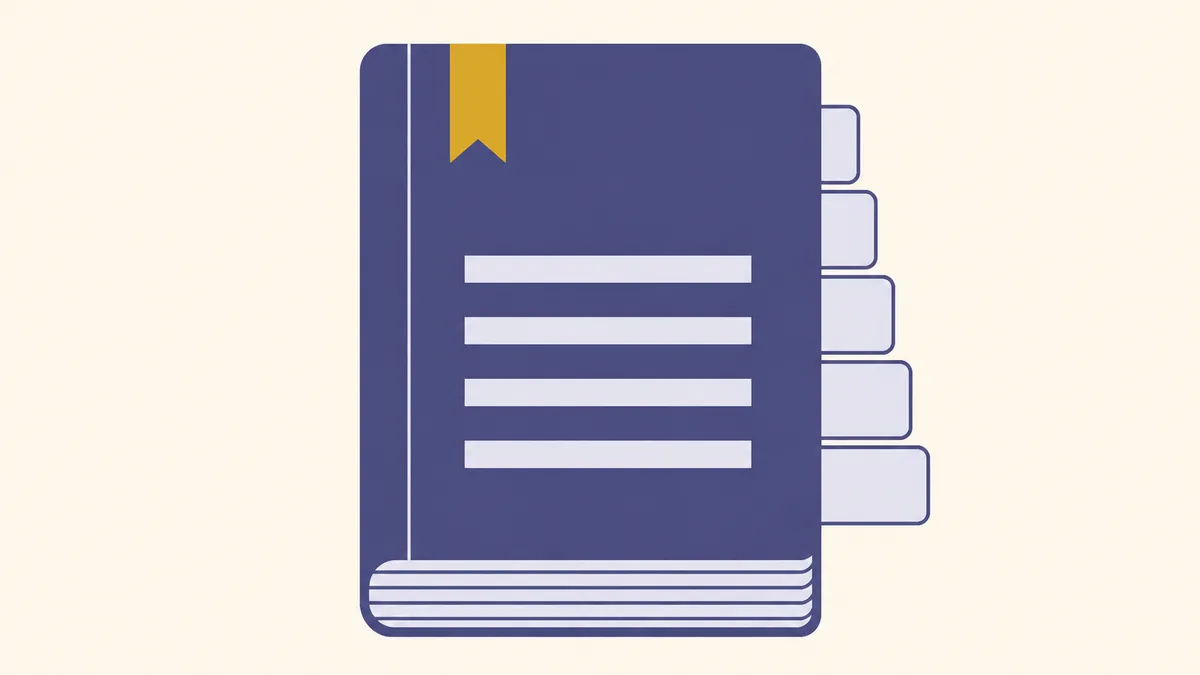 A flat illustration of a thick bound plan document with five section tabs stepping down its edge and a gold ribbon bookmark at its top
