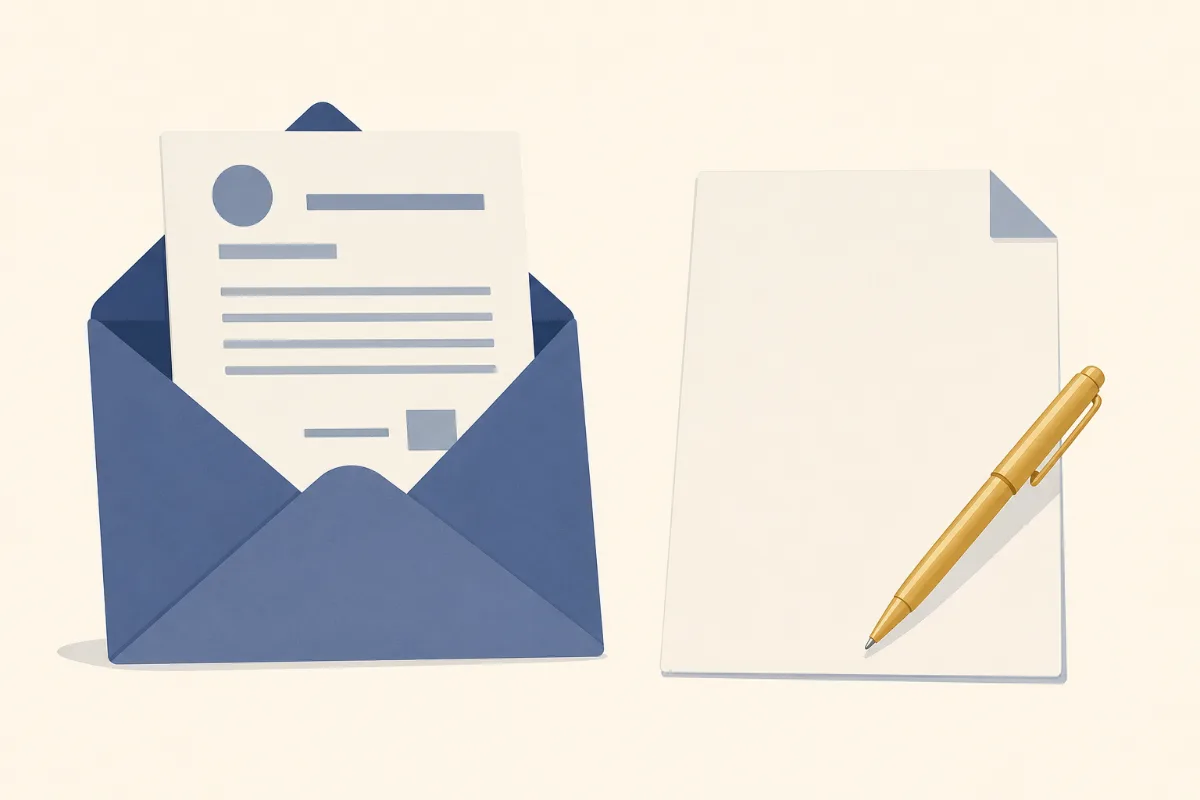 An illustration of an open envelope with a notice sheet on the left and a fresh reply sheet with a gold pen on the right