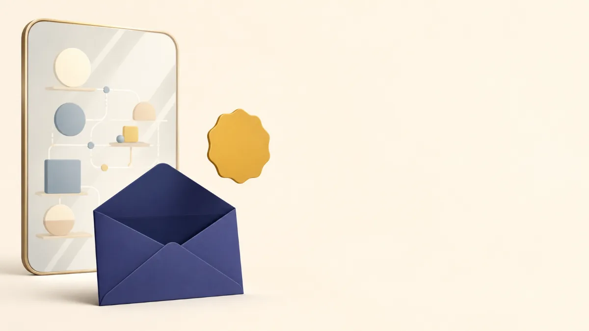 A flat illustration of an open notice envelope with a gold seal lifted away and a panel of reasoning shapes behind it