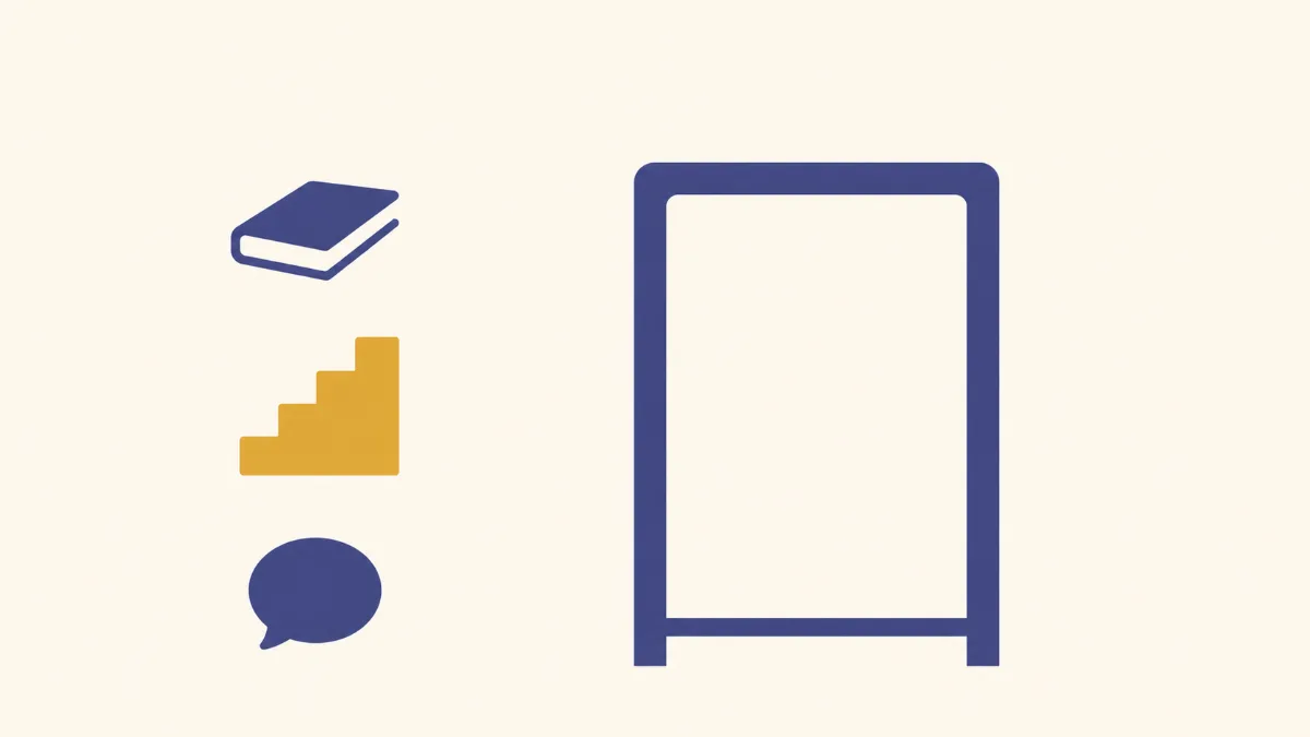 A flat illustration of a doorway with a low threshold bar, three shapes of a book, a stair and a speech bubble lined up beside it with one clearing the bar in gold