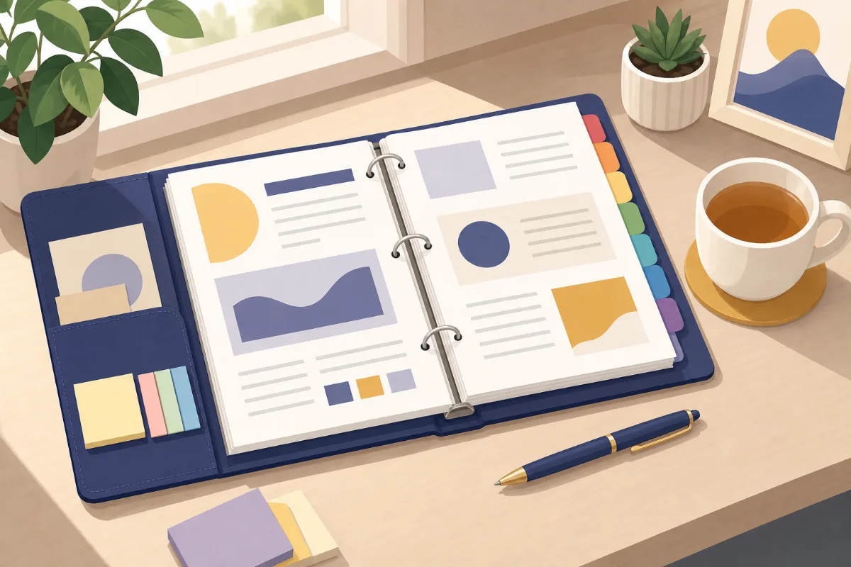 An illustration of an open binder with color-coded tabs on a tidy desk, sticky notes, a pen and a cup of tea beside it