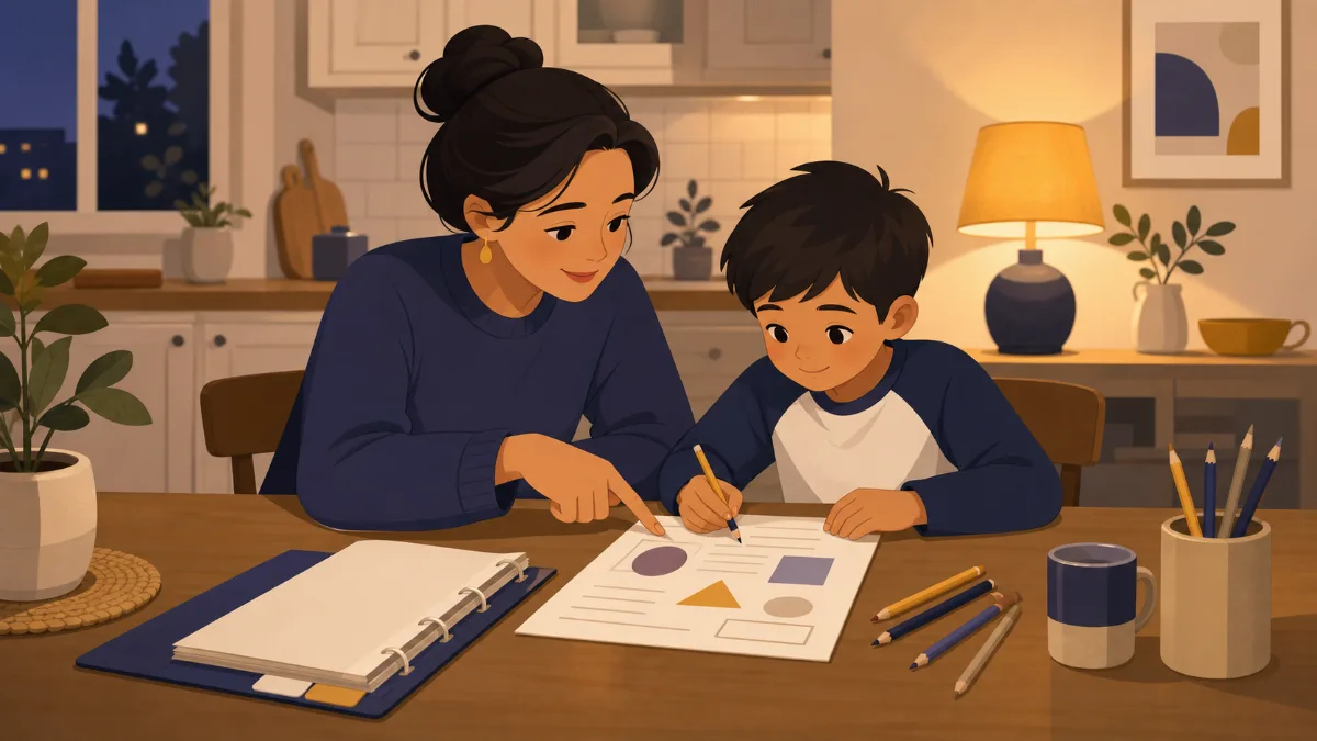 An illustration of a parent and child working at a kitchen table in warm evening light, the child writing on a worksheet as the parent points to the page